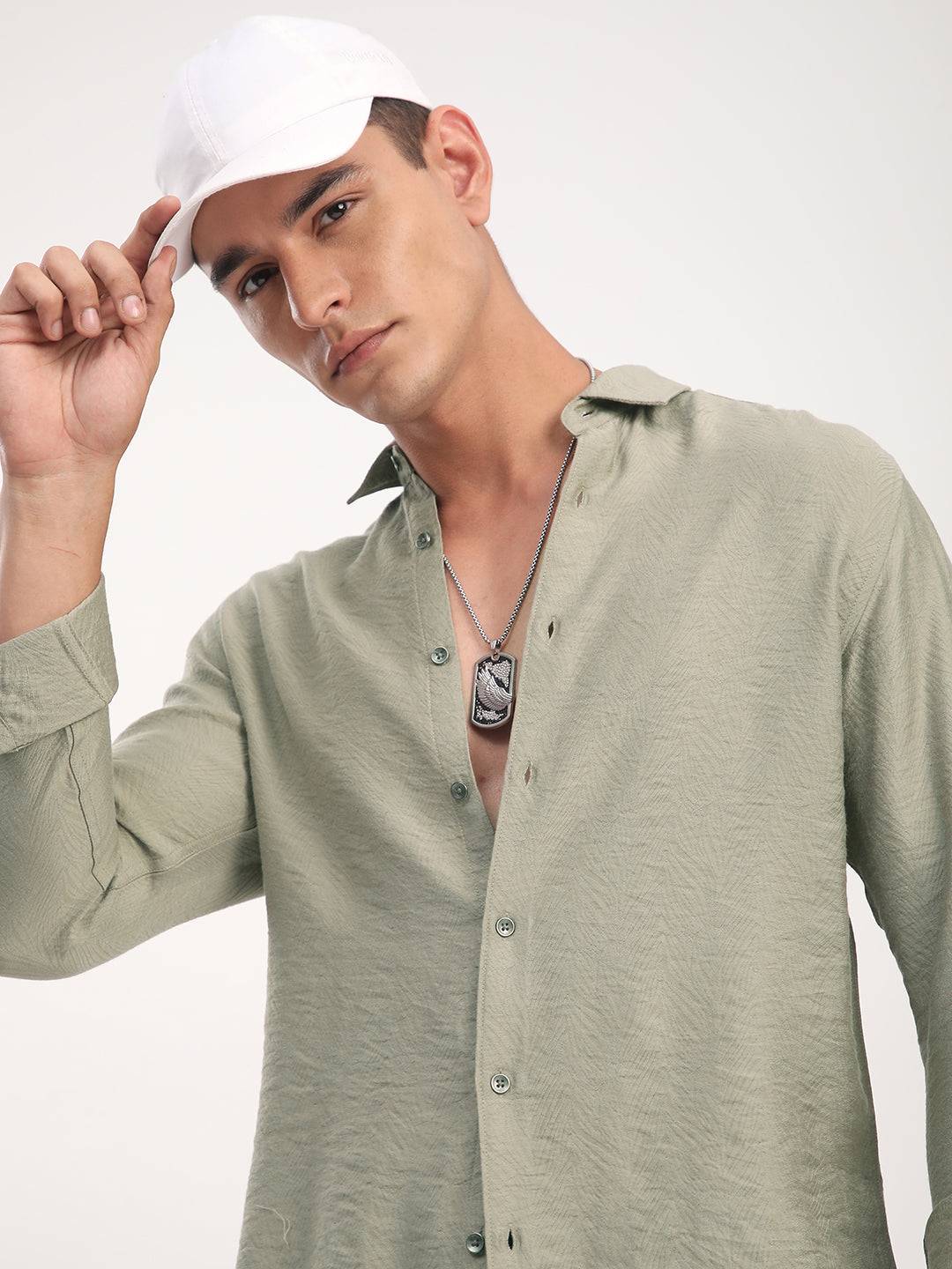 Dusty Olive Rhythmic Wave Textured Shirt Buy only at ₹759