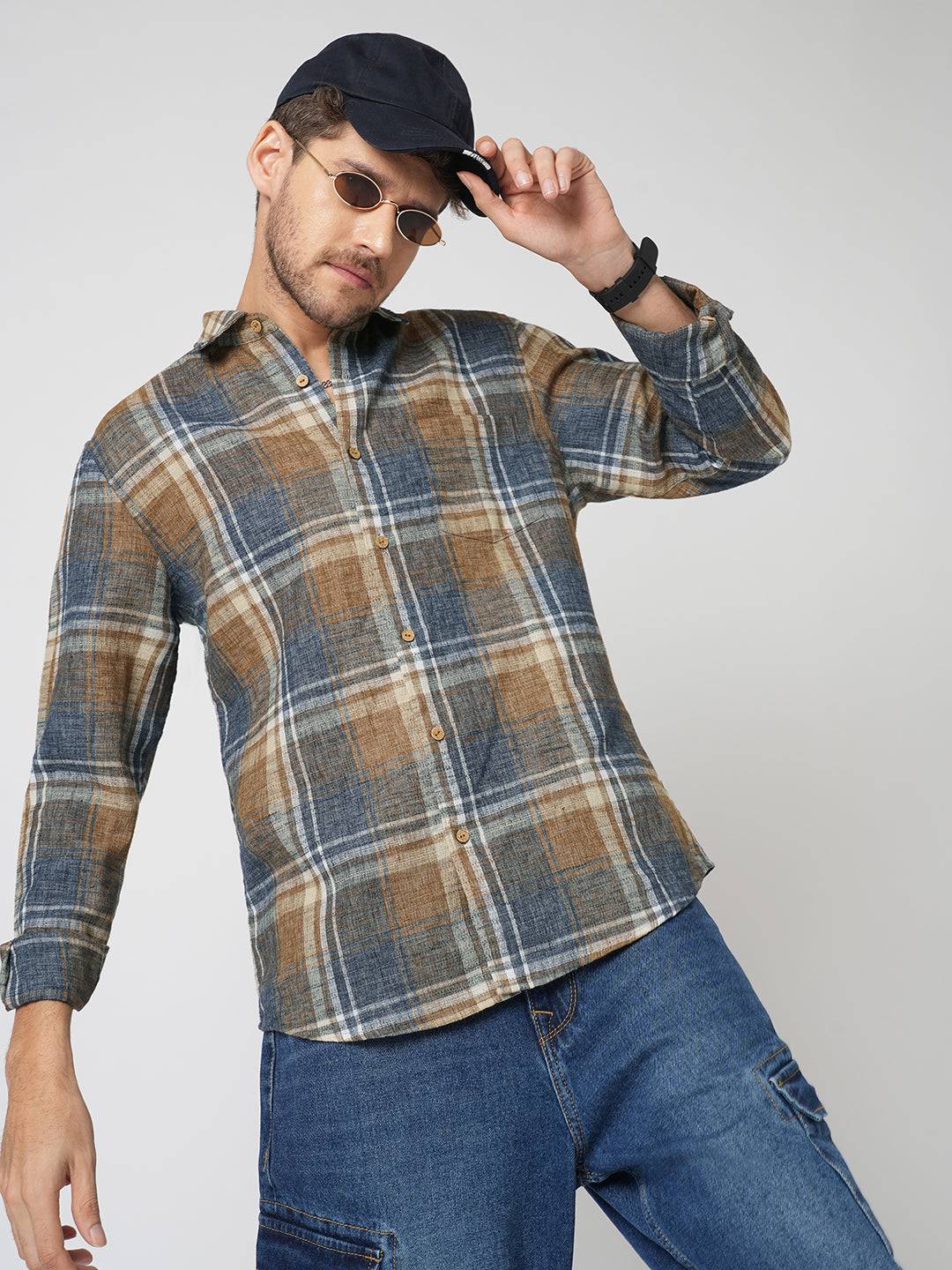 Desert Brown Grid Checks Linen Blend Shirt Buy only at ₹759