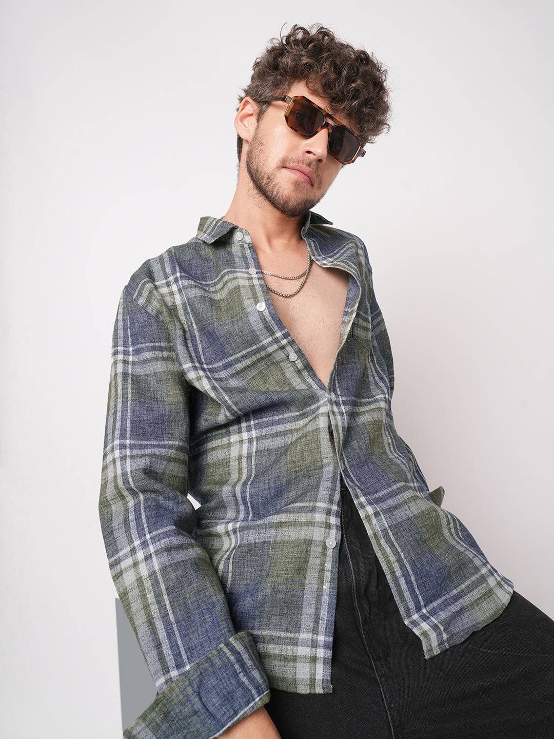 Twilight Green & Blue Plaid Checks Linen Blend Shirt Buy only at ₹759