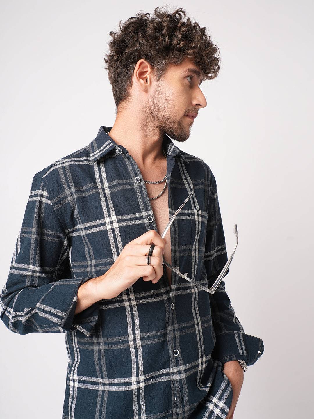 Midnight Blue Classic Plaid Checks Jacquard Shirt Buy only at ₹799