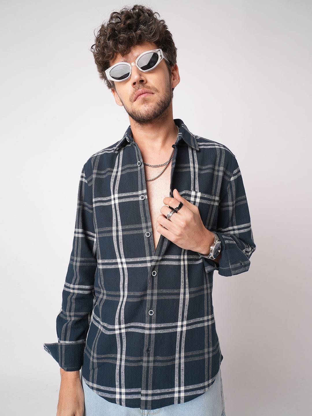 Midnight Blue Classic Plaid Checks Jacquard Shirt Buy only at ₹799