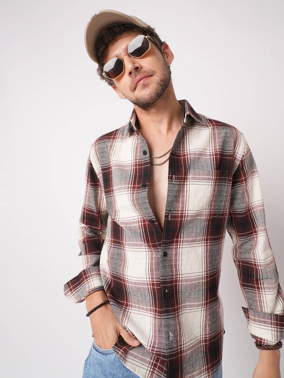 Vintage White & Black Plaid Checks Textured Shirt Buy only at ₹799