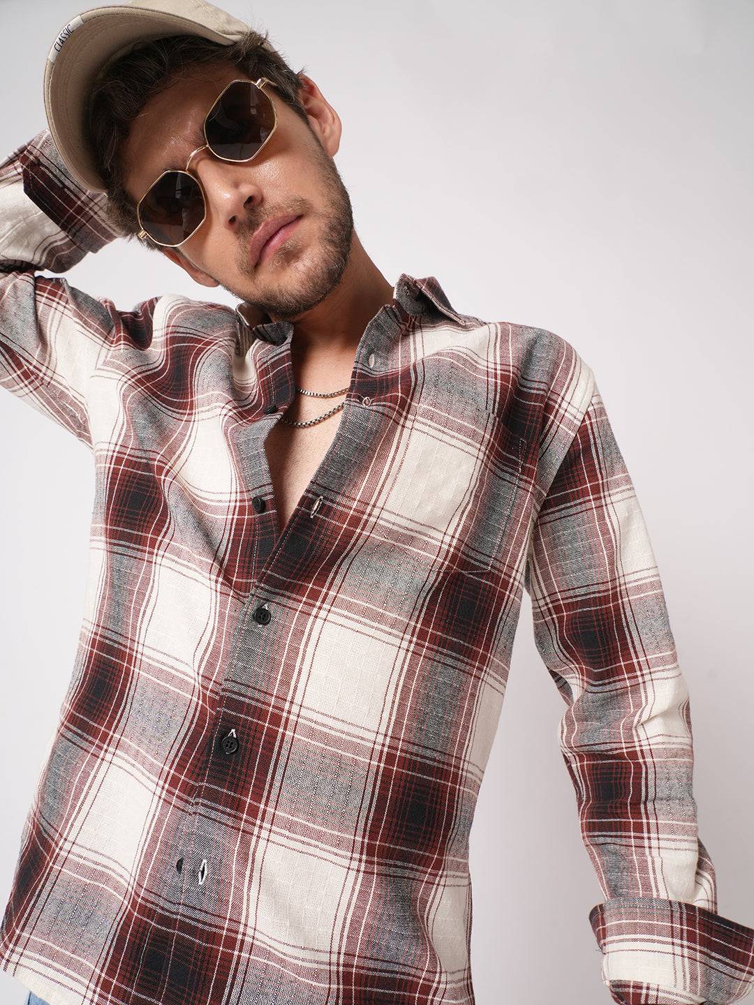 Vintage White & Black Plaid Checks Textured Shirt Buy only at ₹799