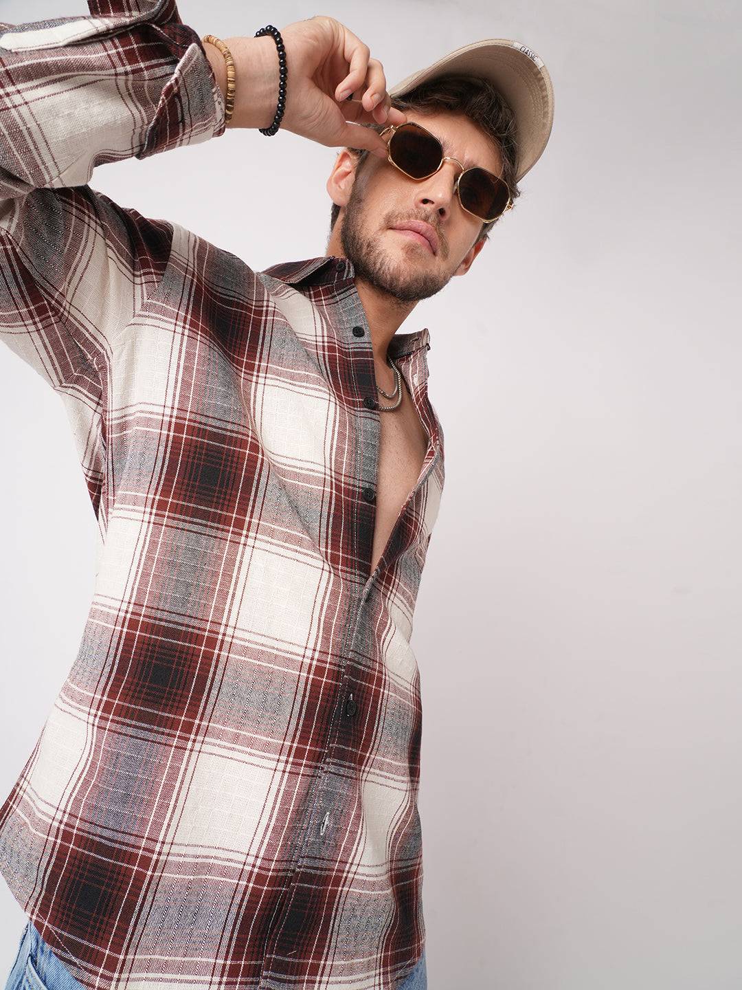 Vintage White & Black Plaid Checks Textured Shirt Buy only at ₹799