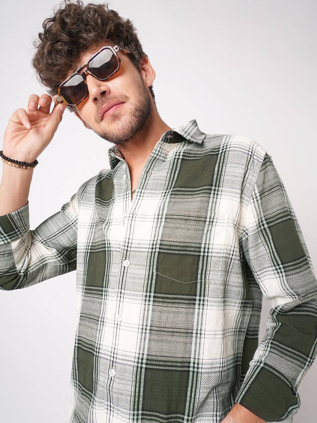 Green & White Precision Weave Checks Jacquard Shirt Buy only at ₹599