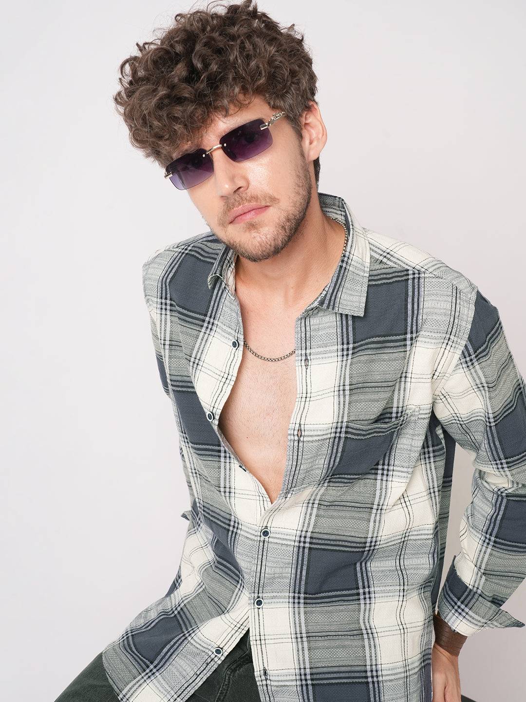 Intricate Micro Weave White Plaid Checks Jacquard Shirt Buy only at ₹799