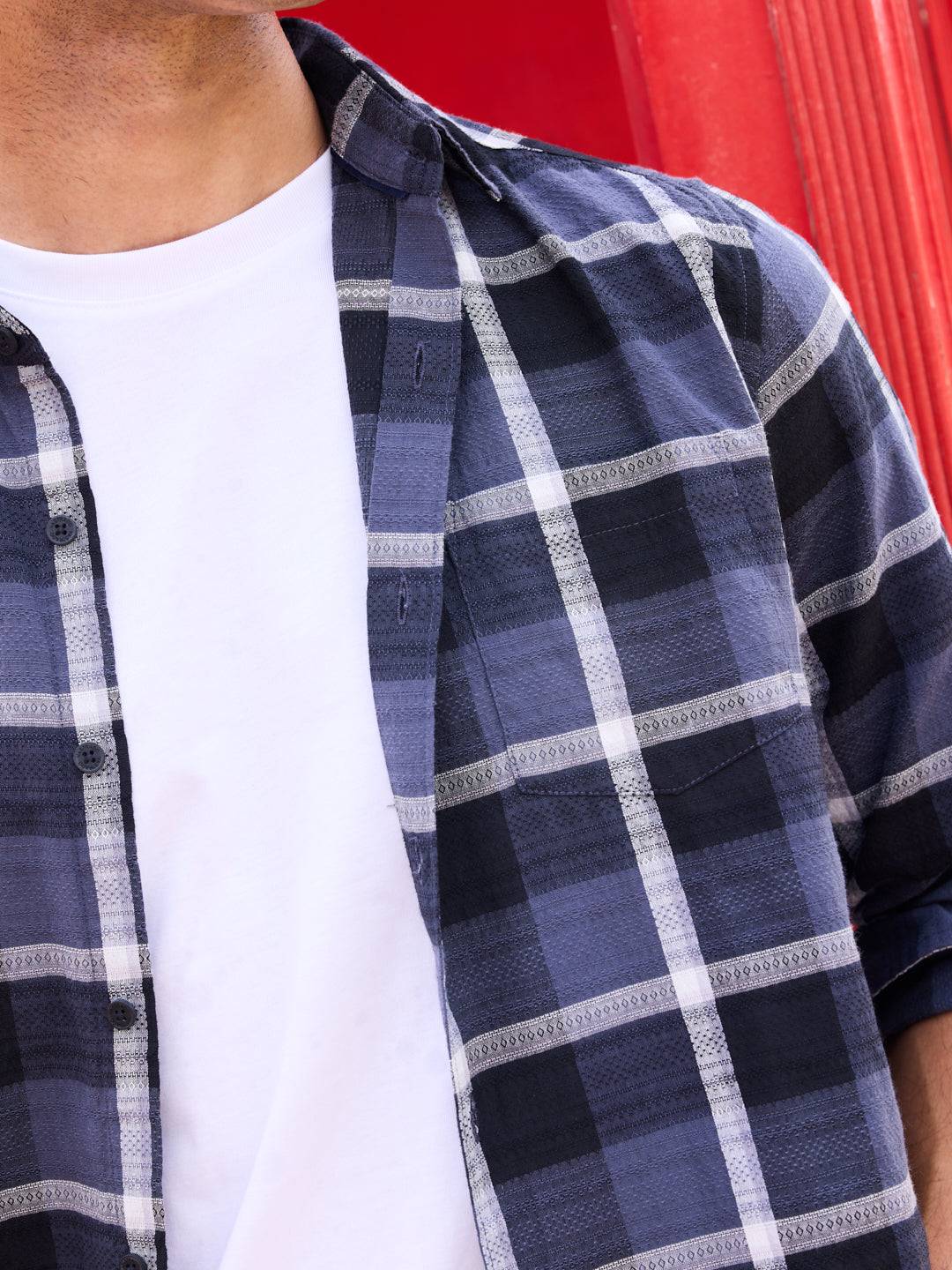 Diamond Weave Elegant Black & Grey Checks Jacquard Shirt Buy only at ₹799