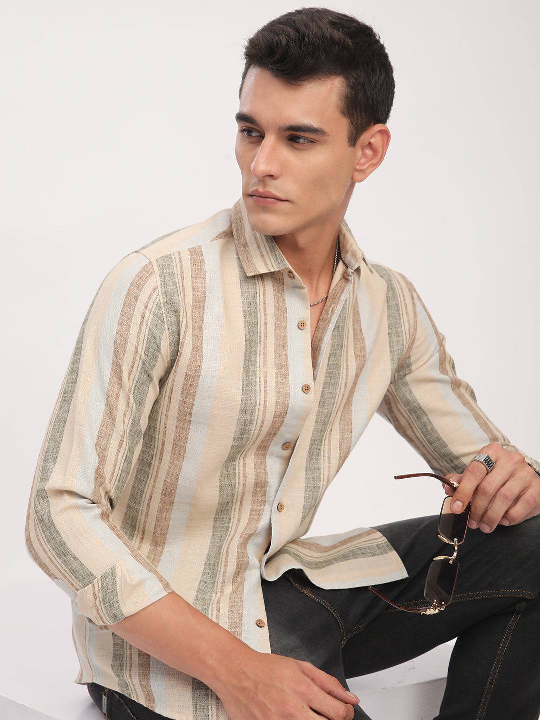 Elegant Multicolor Striped Linen Blend Shirt Buy only at ₹759