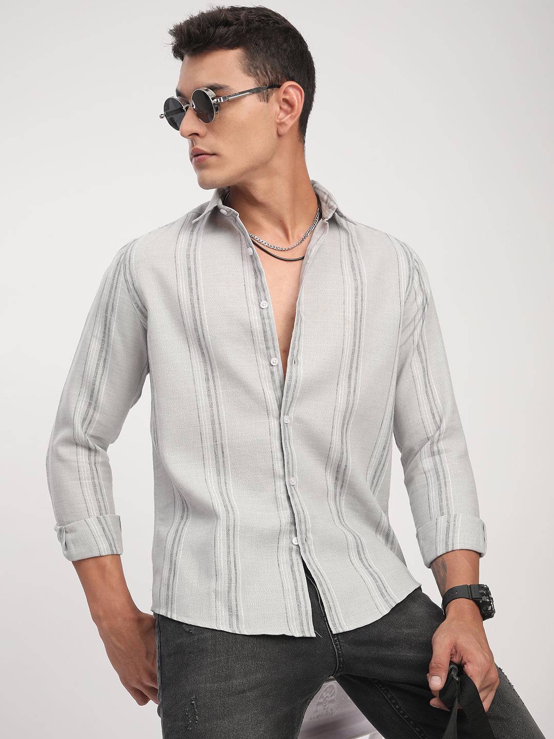 Light Grey Marine Mist Striped Linen Blend Shirt Buy only at ₹759