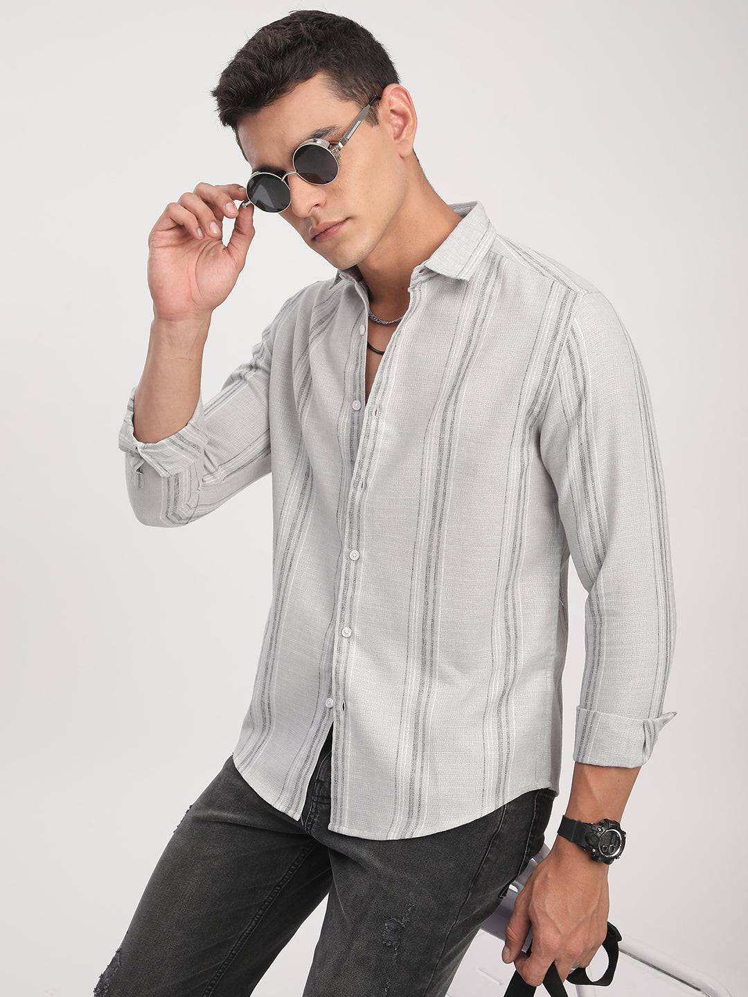 Light Grey Marine Mist Striped Linen Blend Shirt Buy only at ₹759