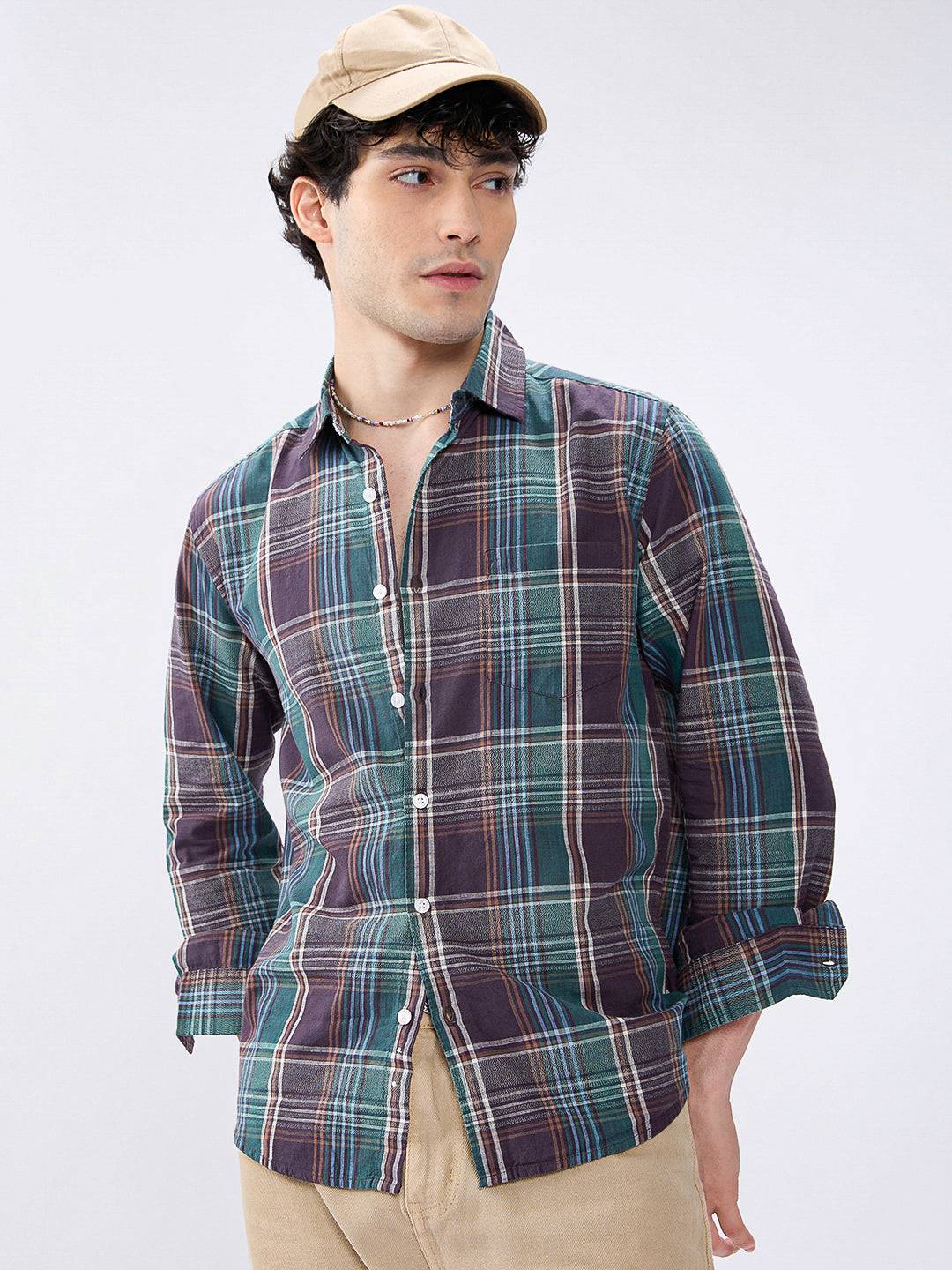 Twilight Teal Multitone Tartan Checked Jacquard Shirt Buy only at ₹799