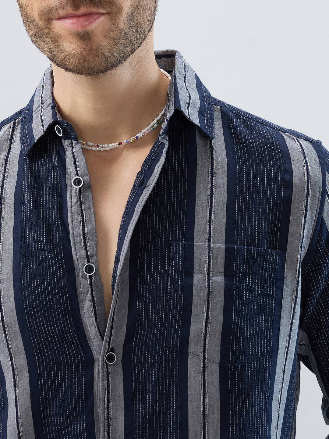 Navy Contrast Stitch Vertical Stripe Jacquard Shirt Buy only at ₹799