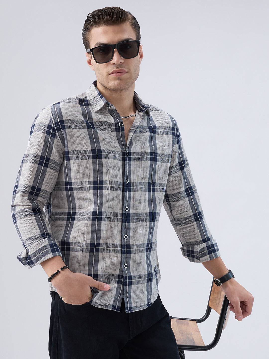 Navy Echo Box Jacquard Checked Shirt Buy only at ₹799