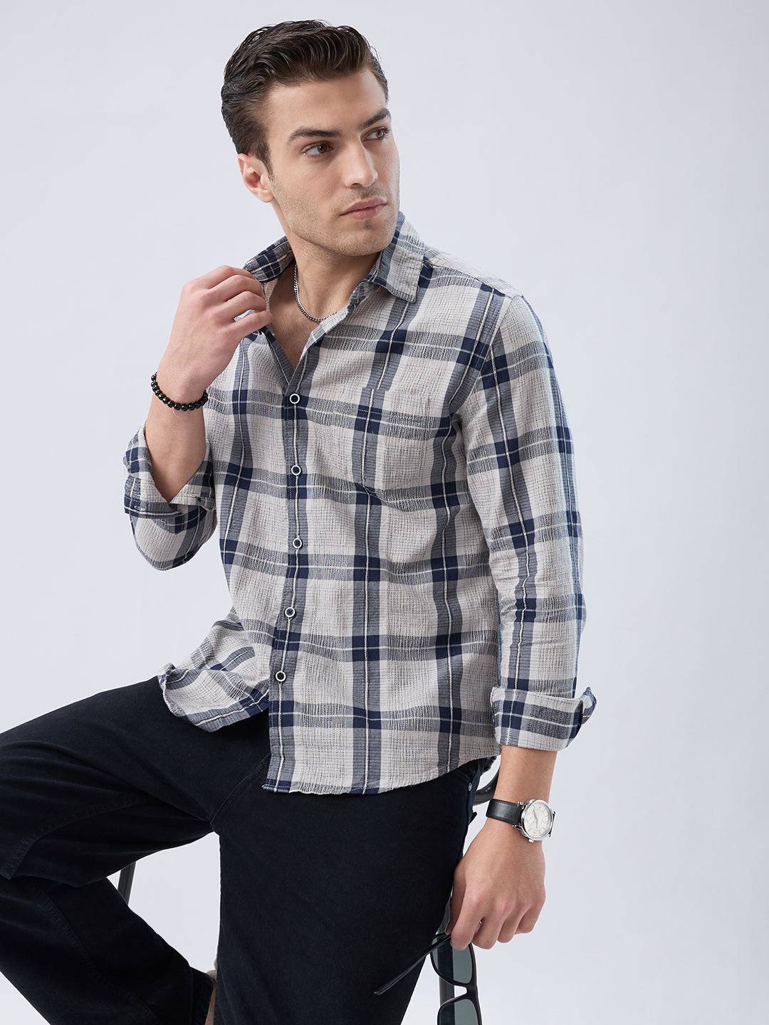 Navy Echo Box Jacquard Checked Shirt Buy only at ₹799