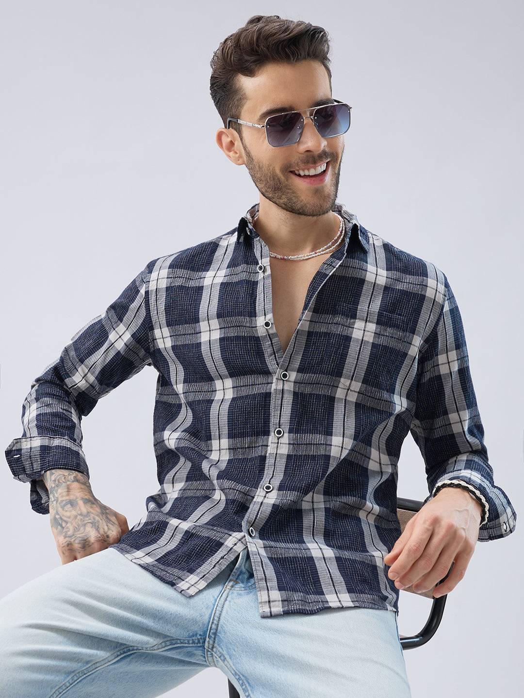 Graphite Blue Contrast Stitch Multi-Check Jacquard Shirt Buy only at ₹799