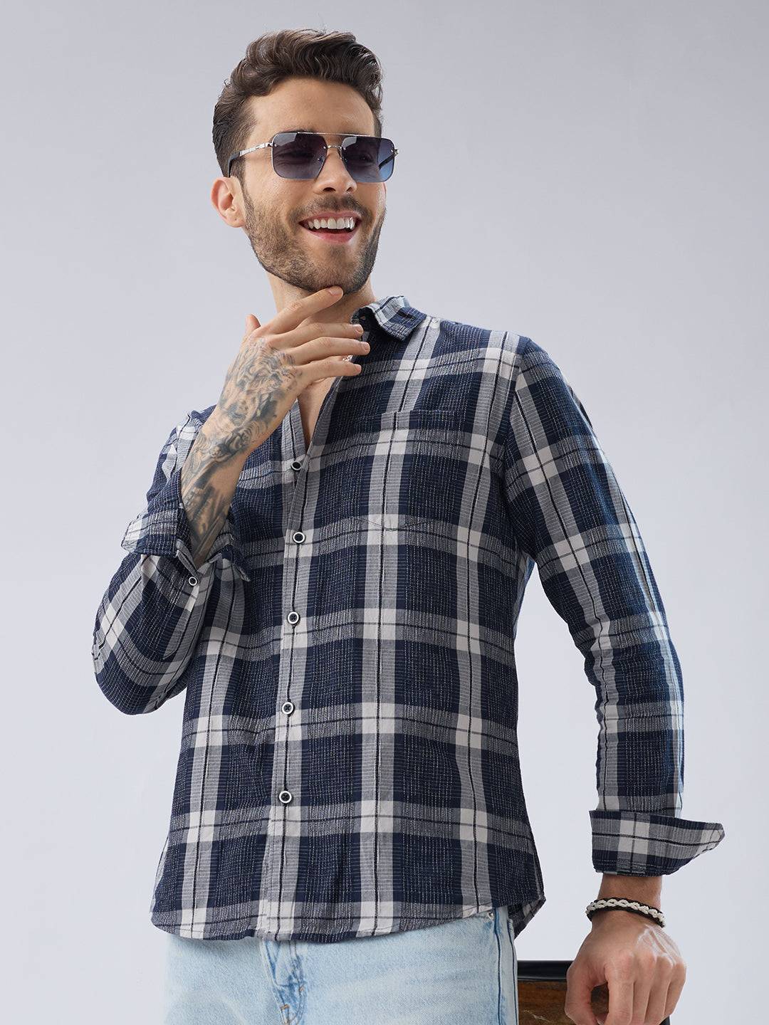 Graphite Blue Contrast Stitch Multi-Check Jacquard Shirt Buy only at ₹799
