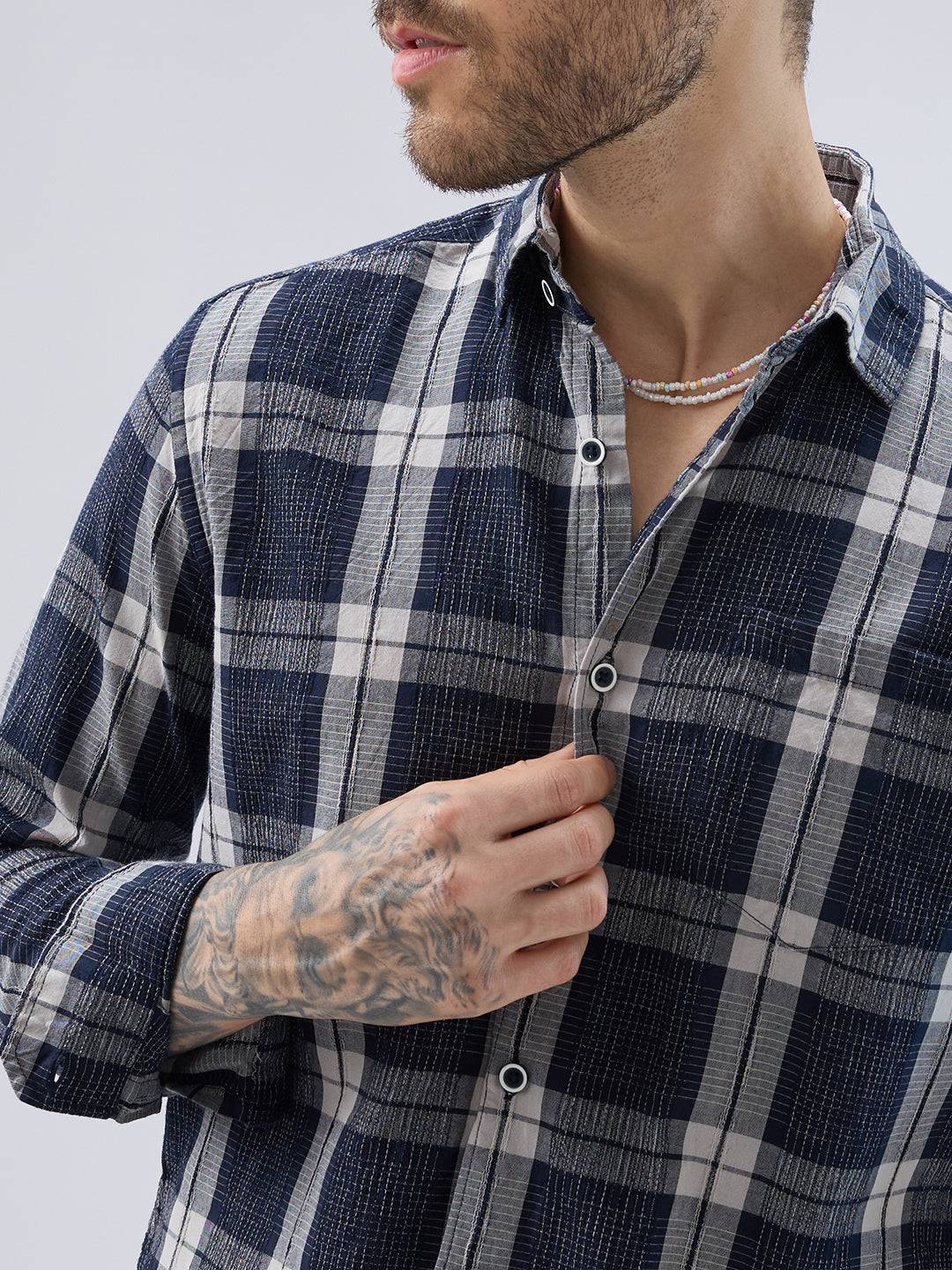 Graphite Blue Contrast Stitch Multi-Check Jacquard Shirt Buy only at ₹799