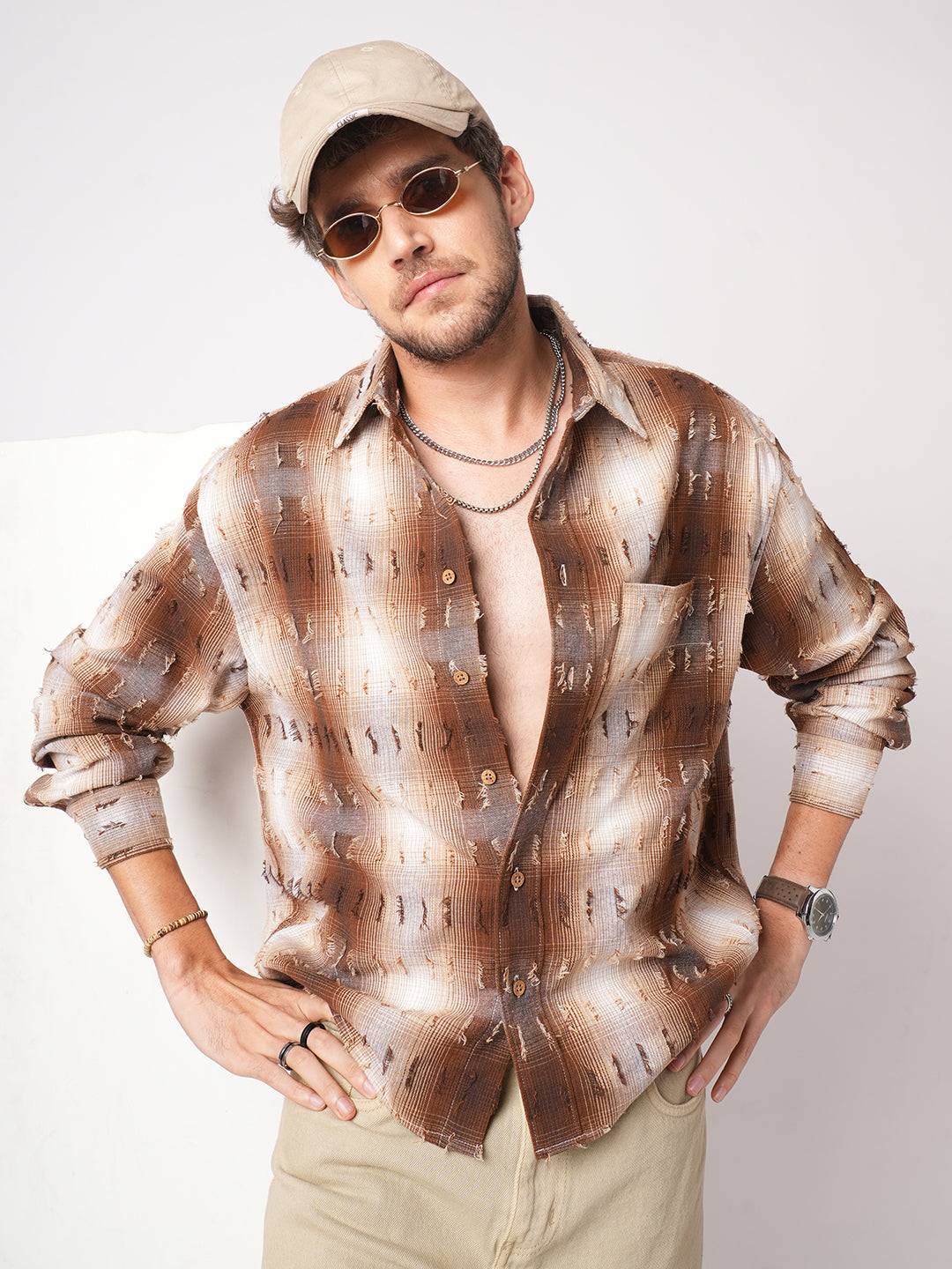 Antique Brown Plaid Checks Frayed Boxy Fit Crop Shirt Buy only at ₹759