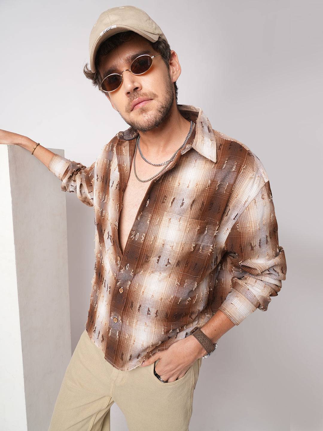 Antique Brown Plaid Checks Frayed Boxy Fit Crop Shirt Buy only at ₹759