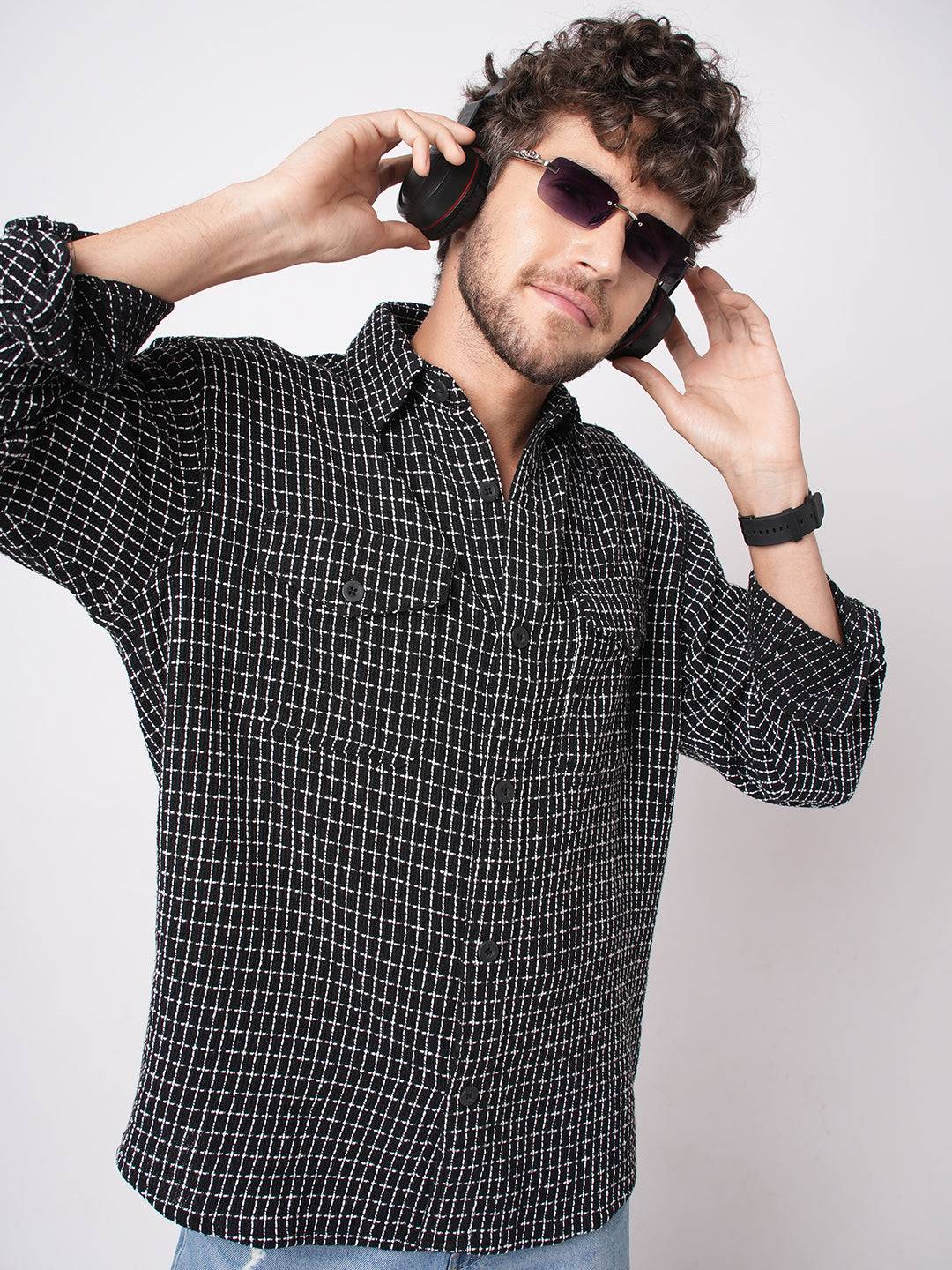 Black Sculpted Checks Double Pocket Overshirt Buy only at ₹759
