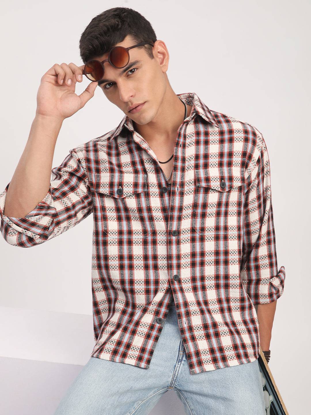 Autumn Grid Multicolour Checks Double Pocket Shirt Buy only at ₹799