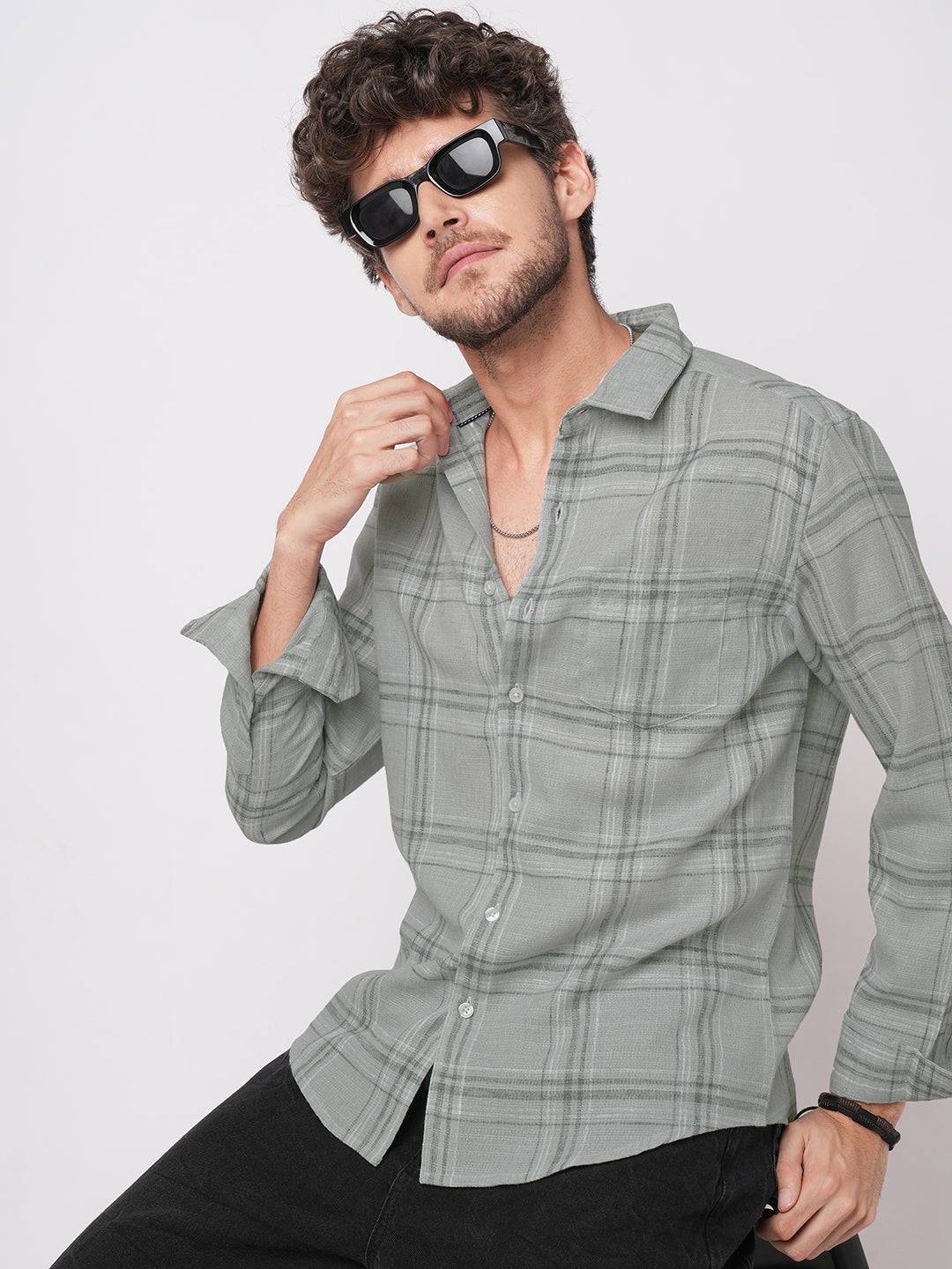 Bright Grey Gauze Grid Checks Shirt Buy only at ₹759