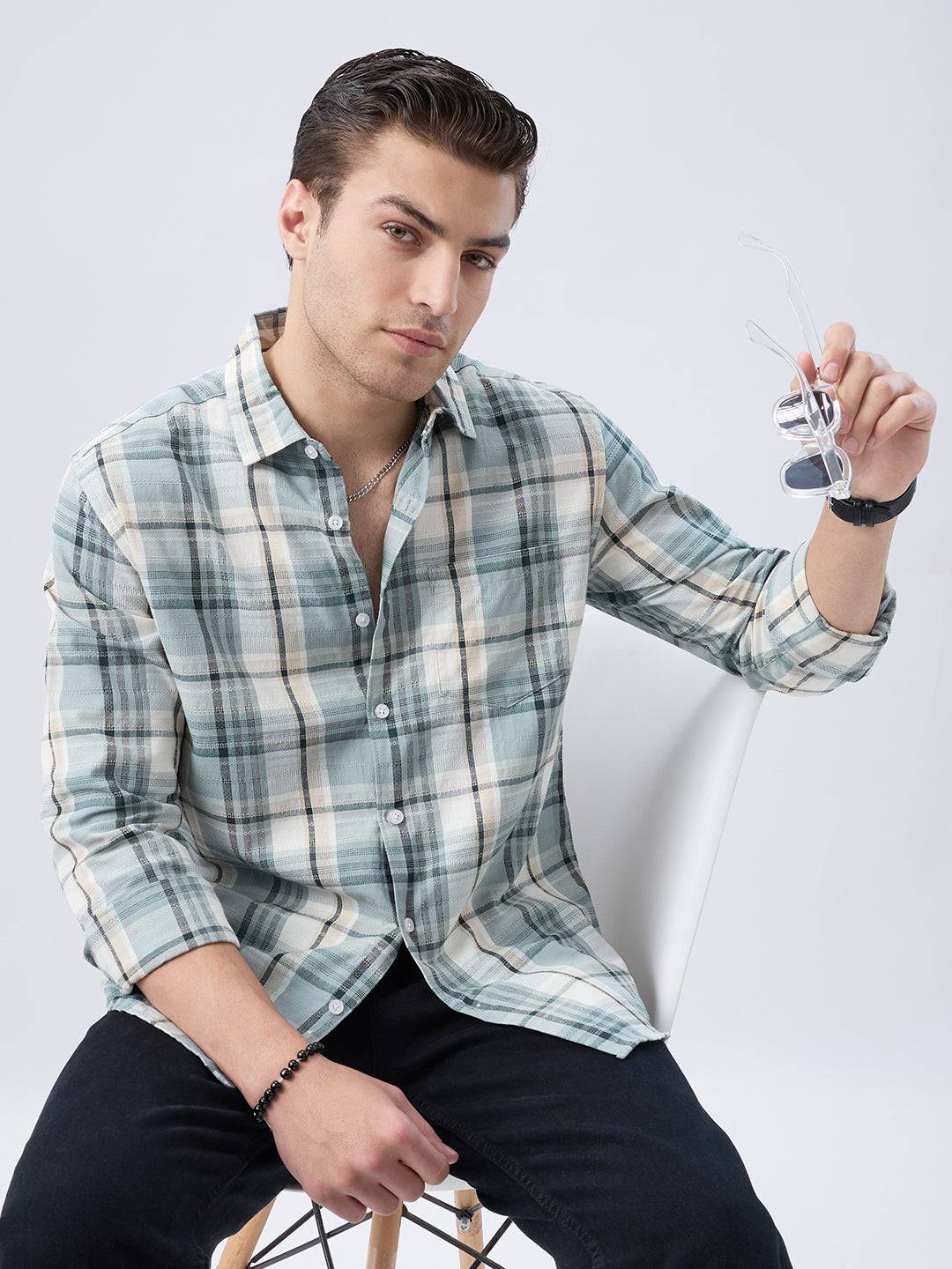 Turquoise Luxe Grid Checks Shirt Buy only at ₹759