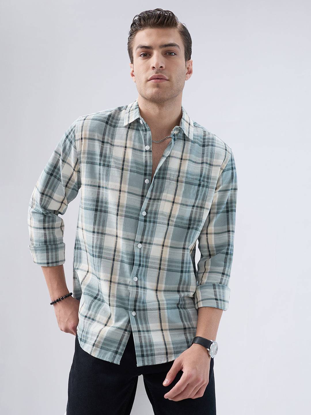 Turquoise Luxe Grid Checks Shirt Buy only at ₹759