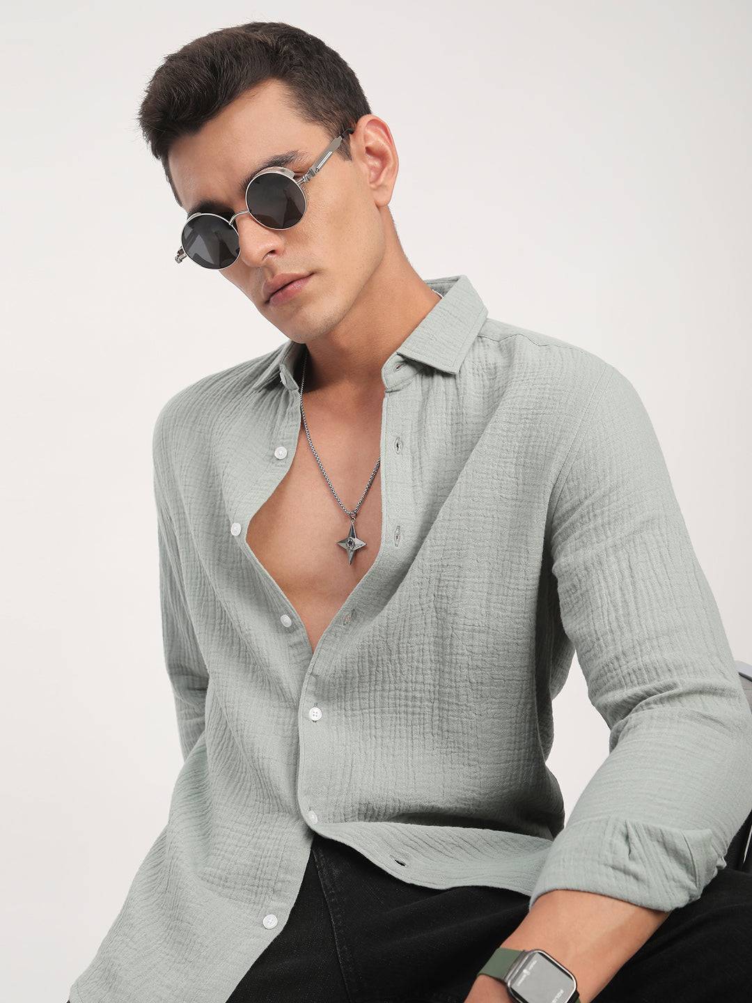 Laurel Green Zephyr Double Cloth Crinkled Shirt Buy only at ₹699