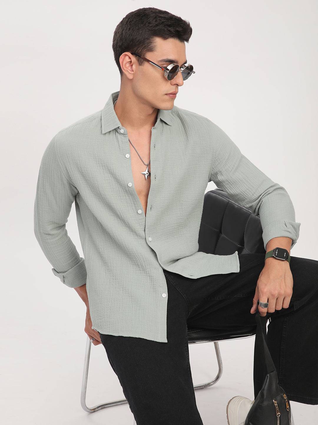 Laurel Green Zephyr Double Cloth Crinkled Shirt Buy only at ₹699