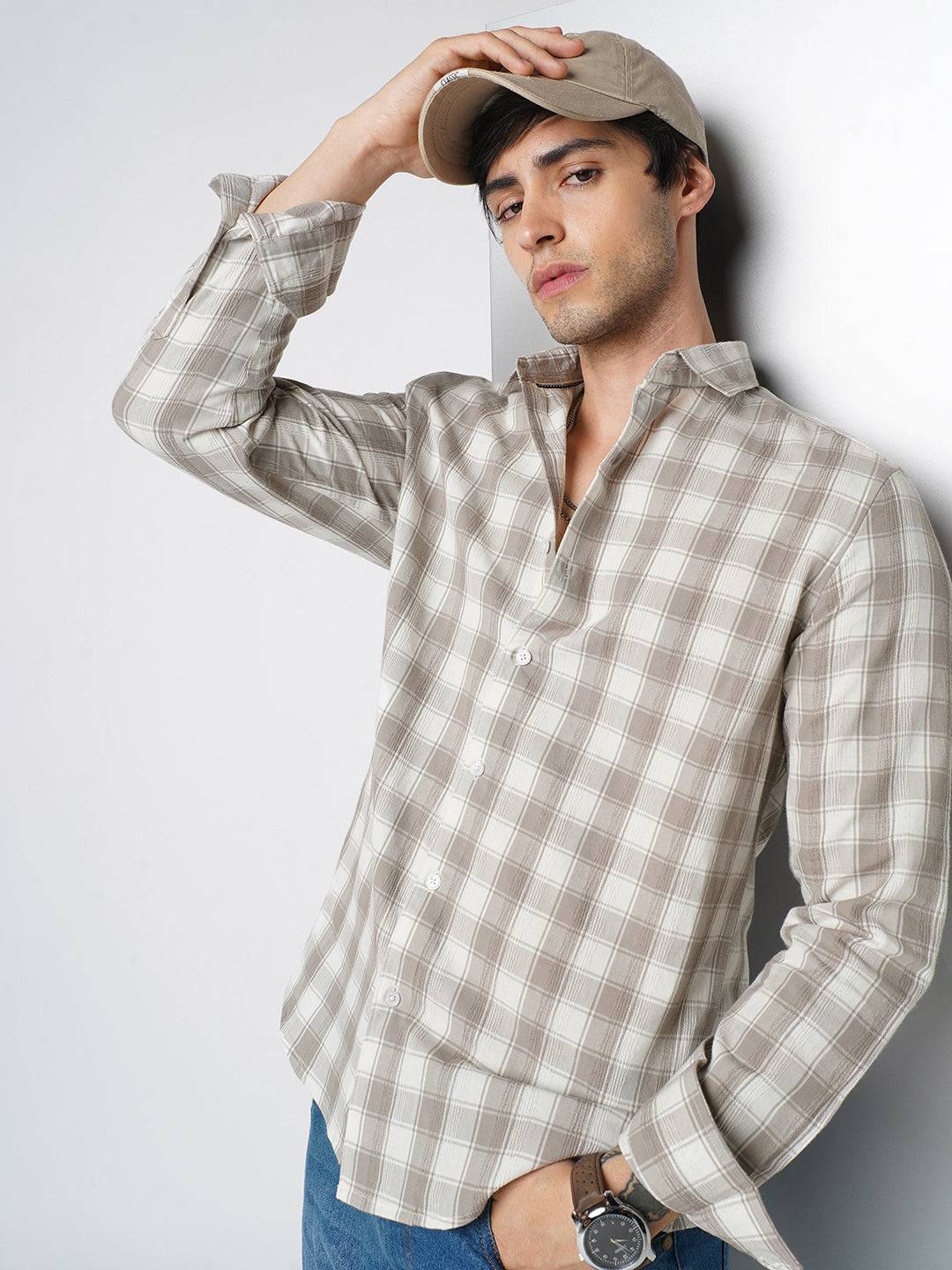 Elegant White & Grey Jacquard Checks Shirt Buy only at ₹799