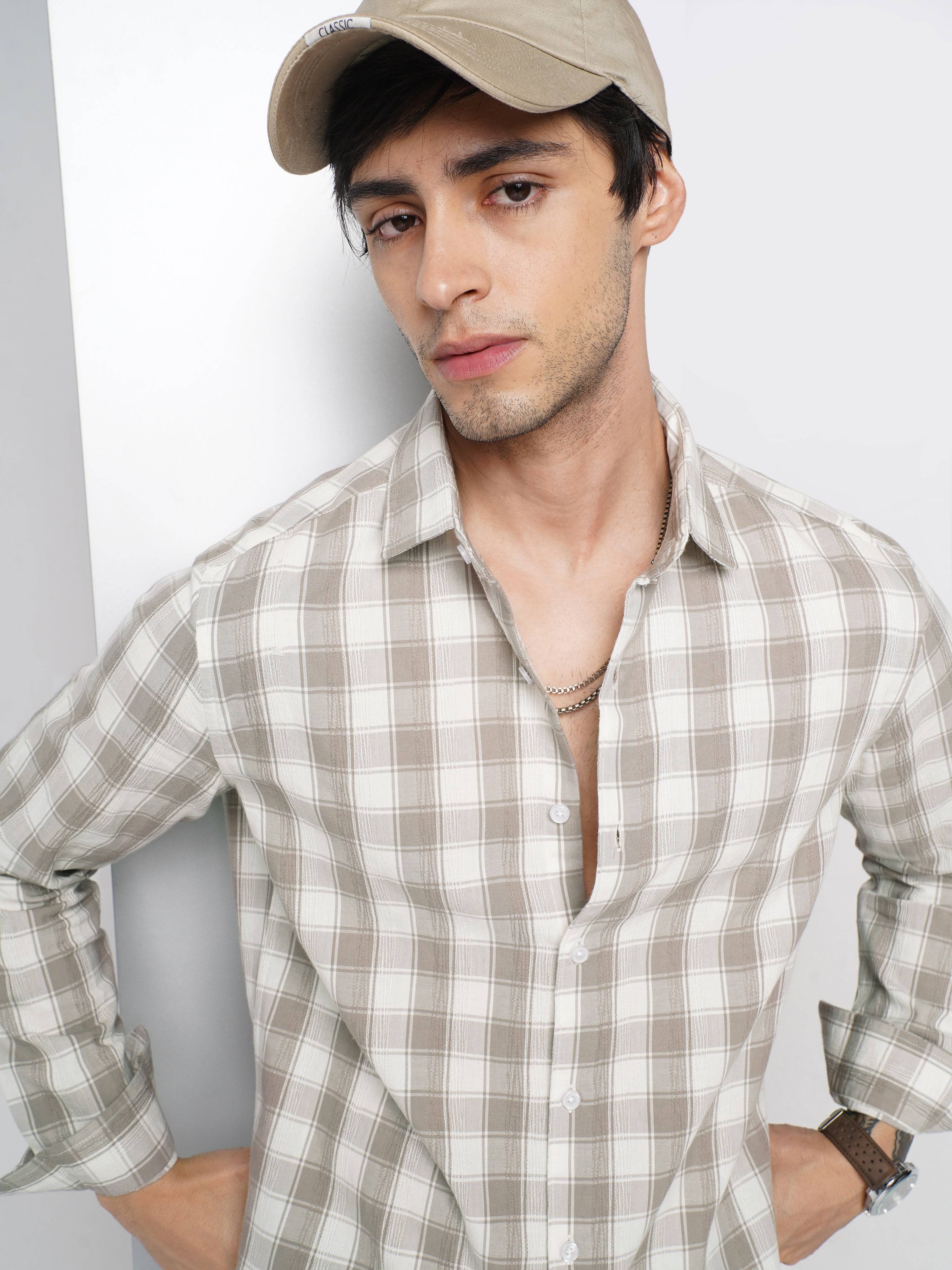 Elegant White & Grey Jacquard Checks Shirt Buy only at ₹799