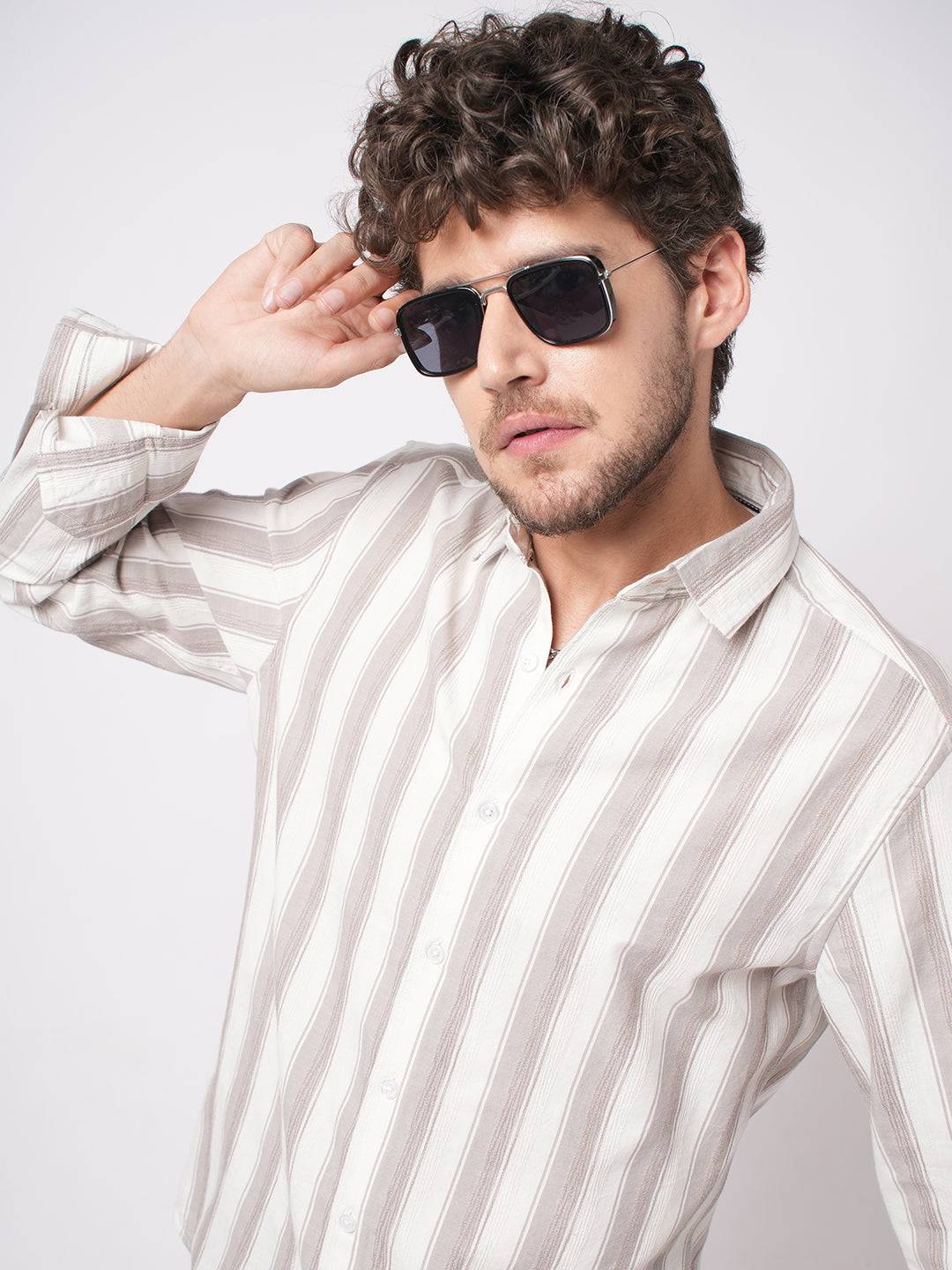 White & Silk Grey Muted Striped Textured Shirt Buy only at ₹799