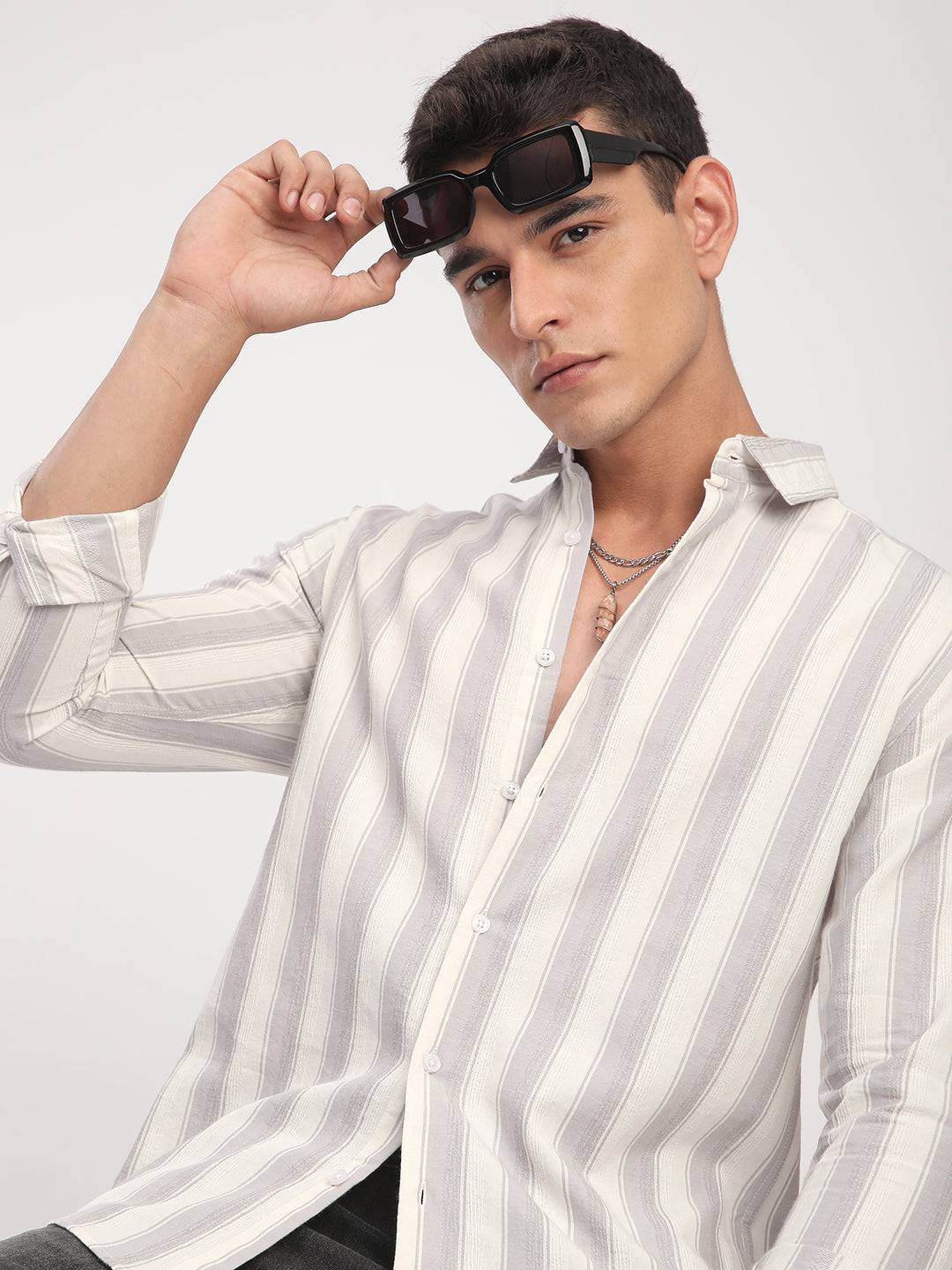 White & Frosted Grey Textured Striped Shirt Buy only at ₹799
