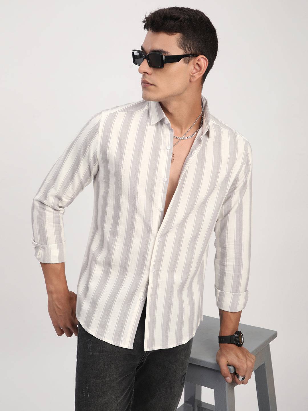 White & Frosted Grey Textured Striped Shirt Buy only at ₹799