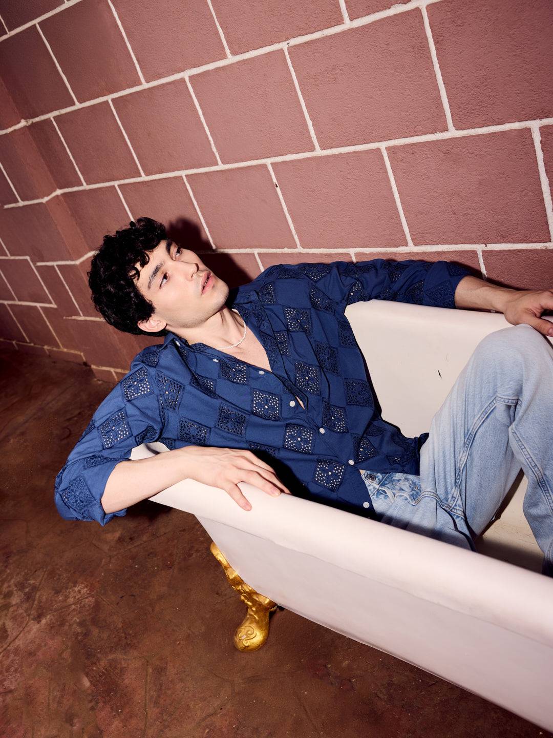 Aegean Blue Diamond Schiffli Shirt Buy only at ₹999