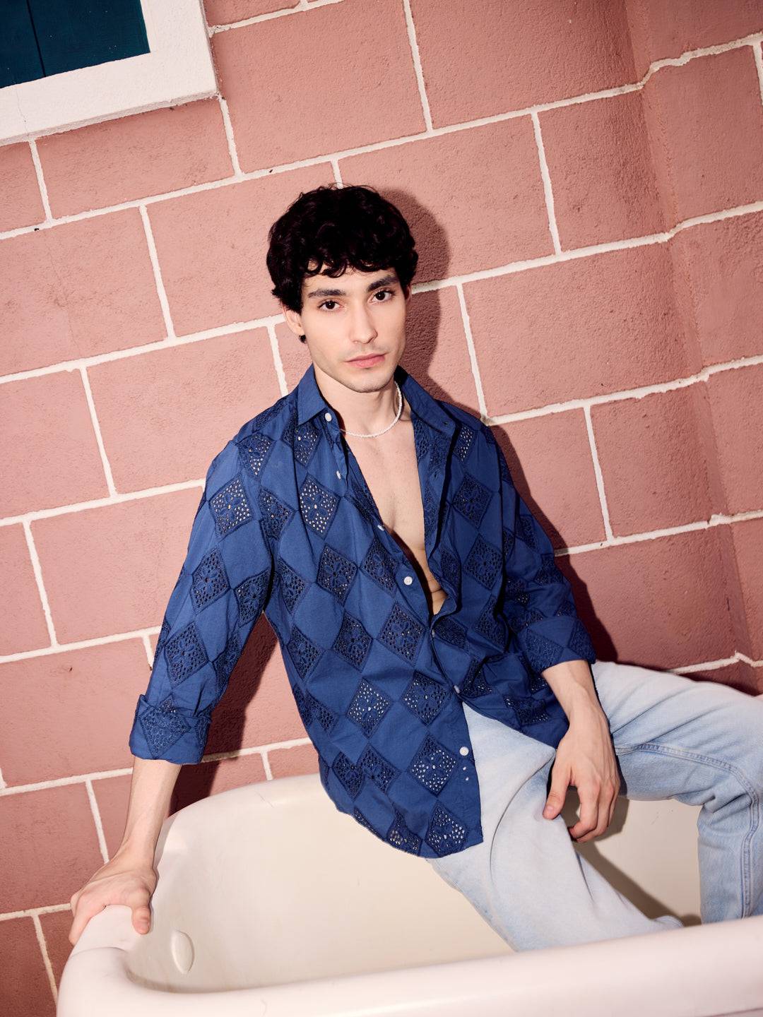 Aegean Blue Diamond Schiffli Shirt Buy only at ₹999