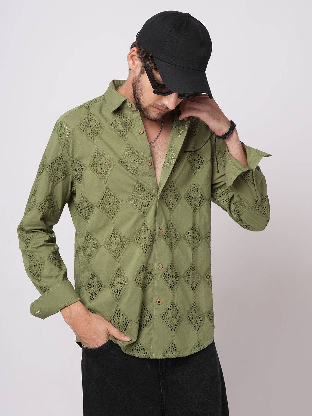 Olive Lozenge Schiffli Shirt Buy only at ₹999