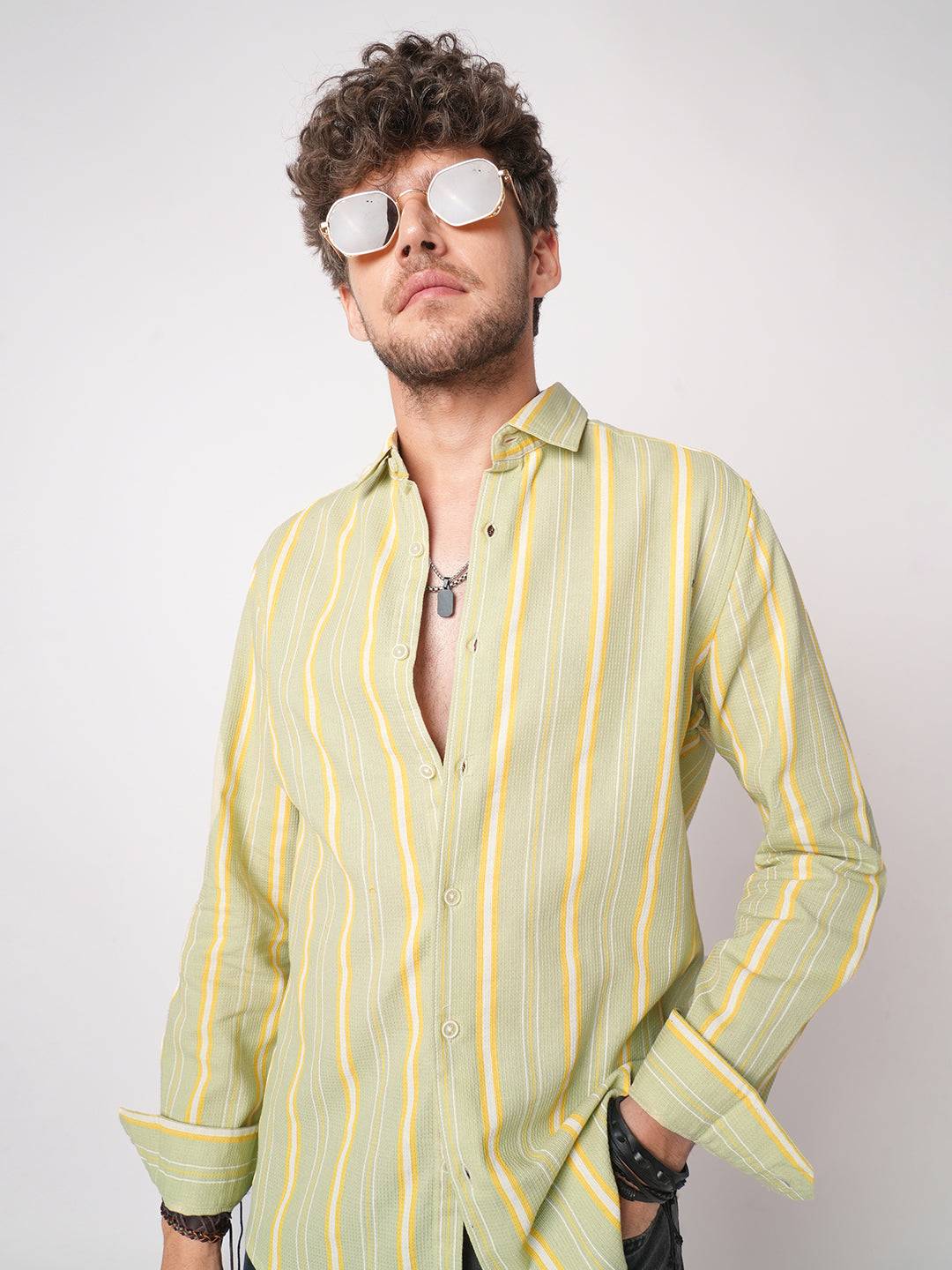Pastel Green Coastal Striped Waffle Shirt Buy only at ₹699