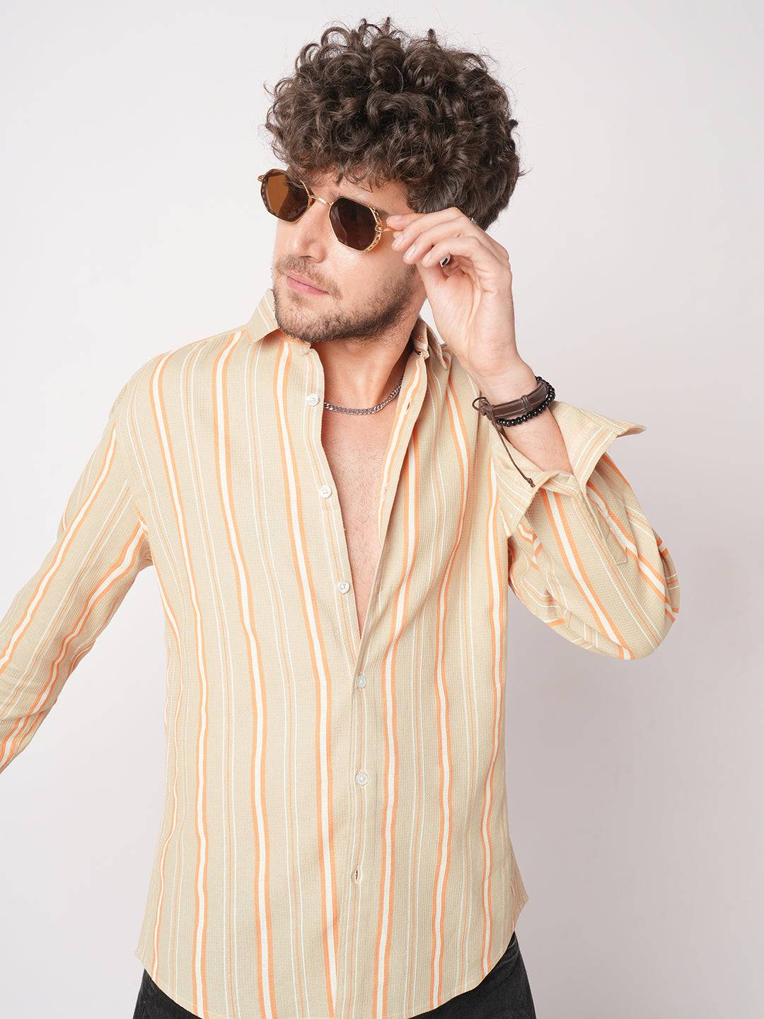 Sand Beige & Orange Striped Waffle Shirt Buy only at ₹699