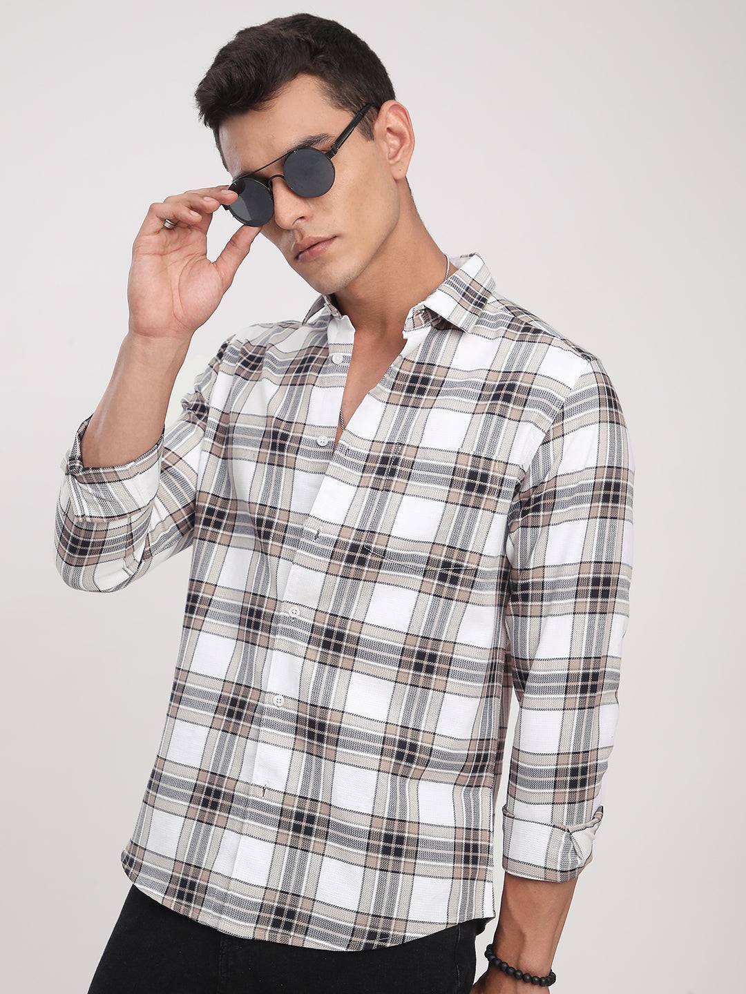 Premium Cotton White & Brown Plaid Checks Shirt Buy only at ₹759