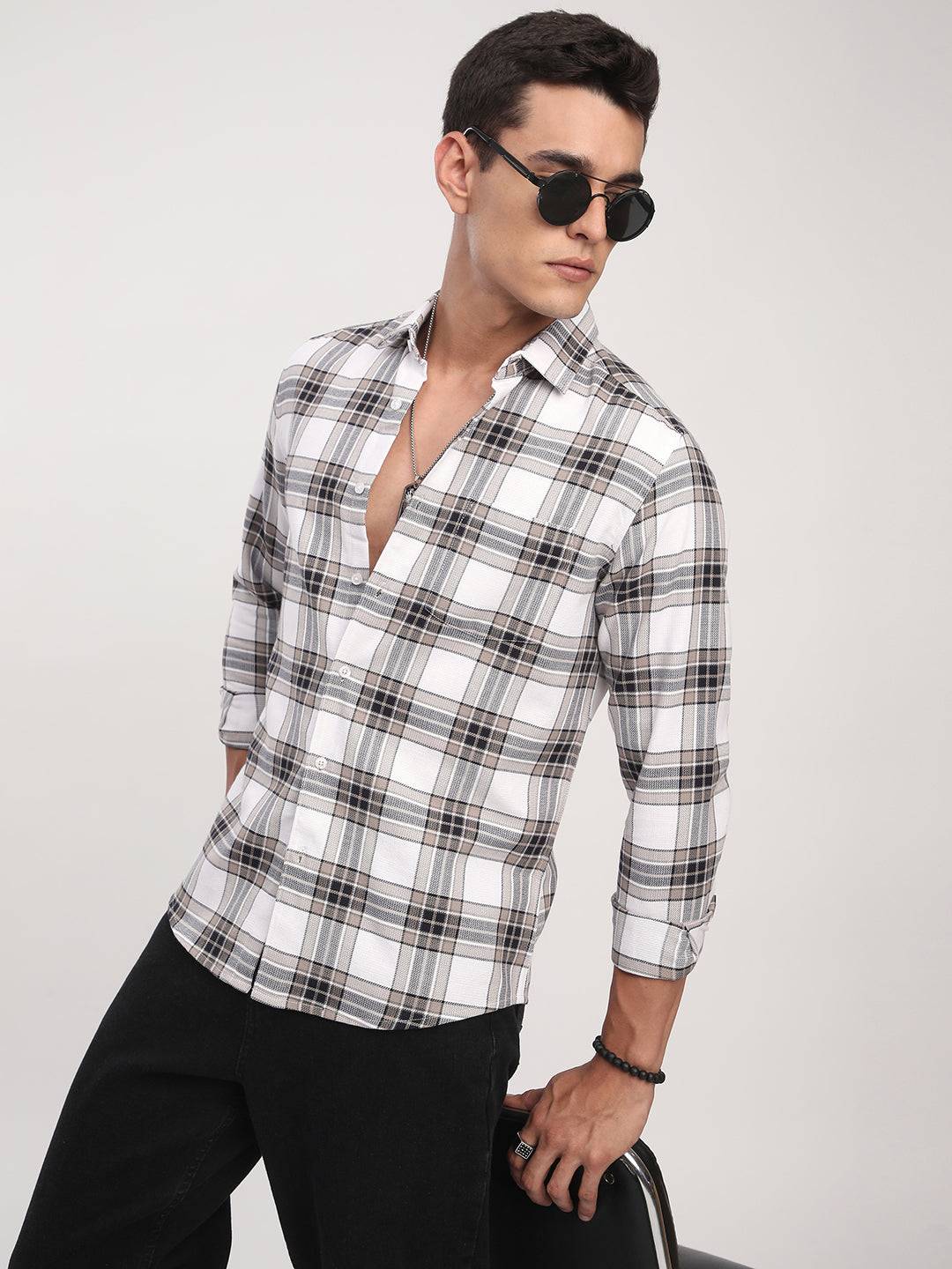 Premium Cotton White & Brown Plaid Checks Shirt Buy only at ₹759