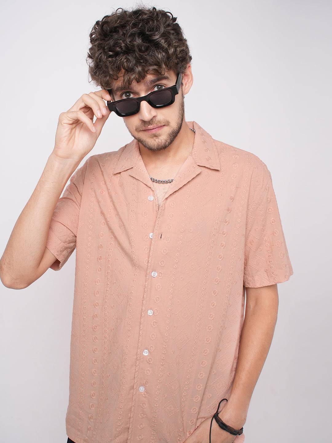 Intricate Apricot Embroidered Notch Collar Oversized Shirt Buy only at ₹799