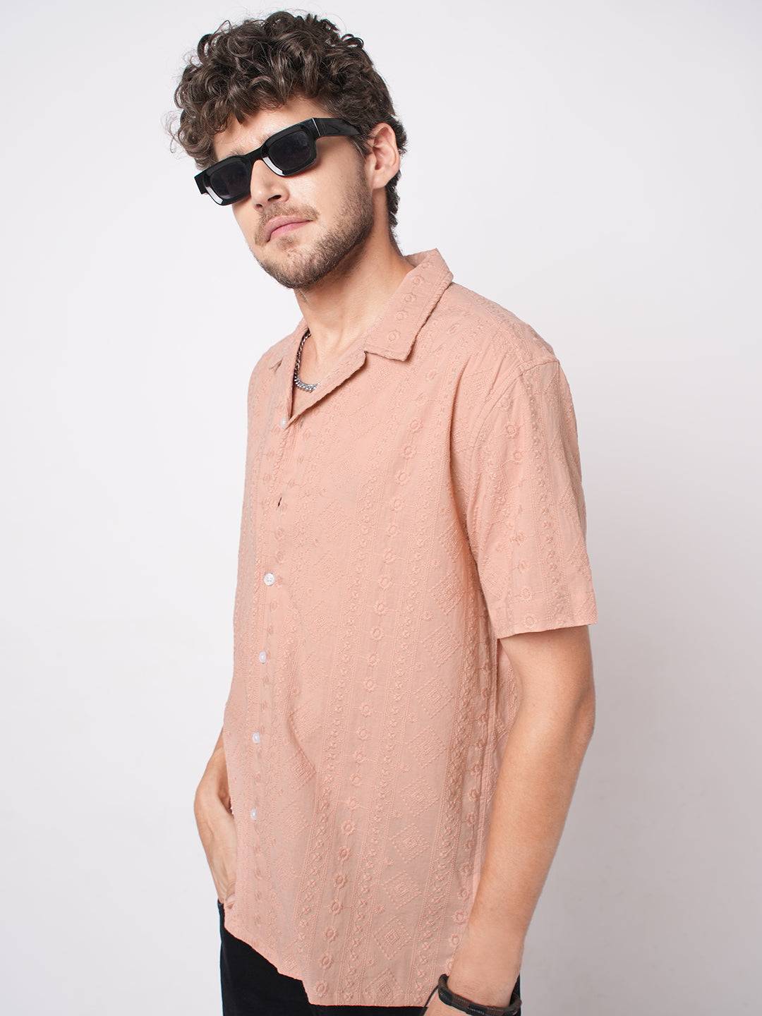 Intricate Apricot Embroidered Notch Collar Oversized Shirt Buy only at ₹799