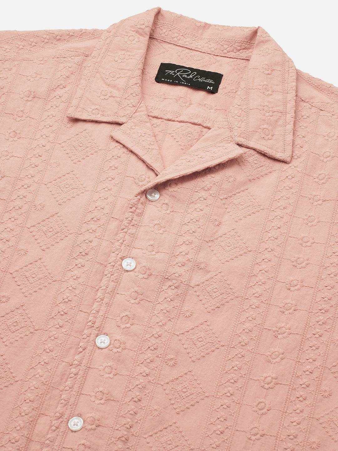 Intricate Apricot Embroidered Notch Collar Oversized Shirt Buy only at ₹799