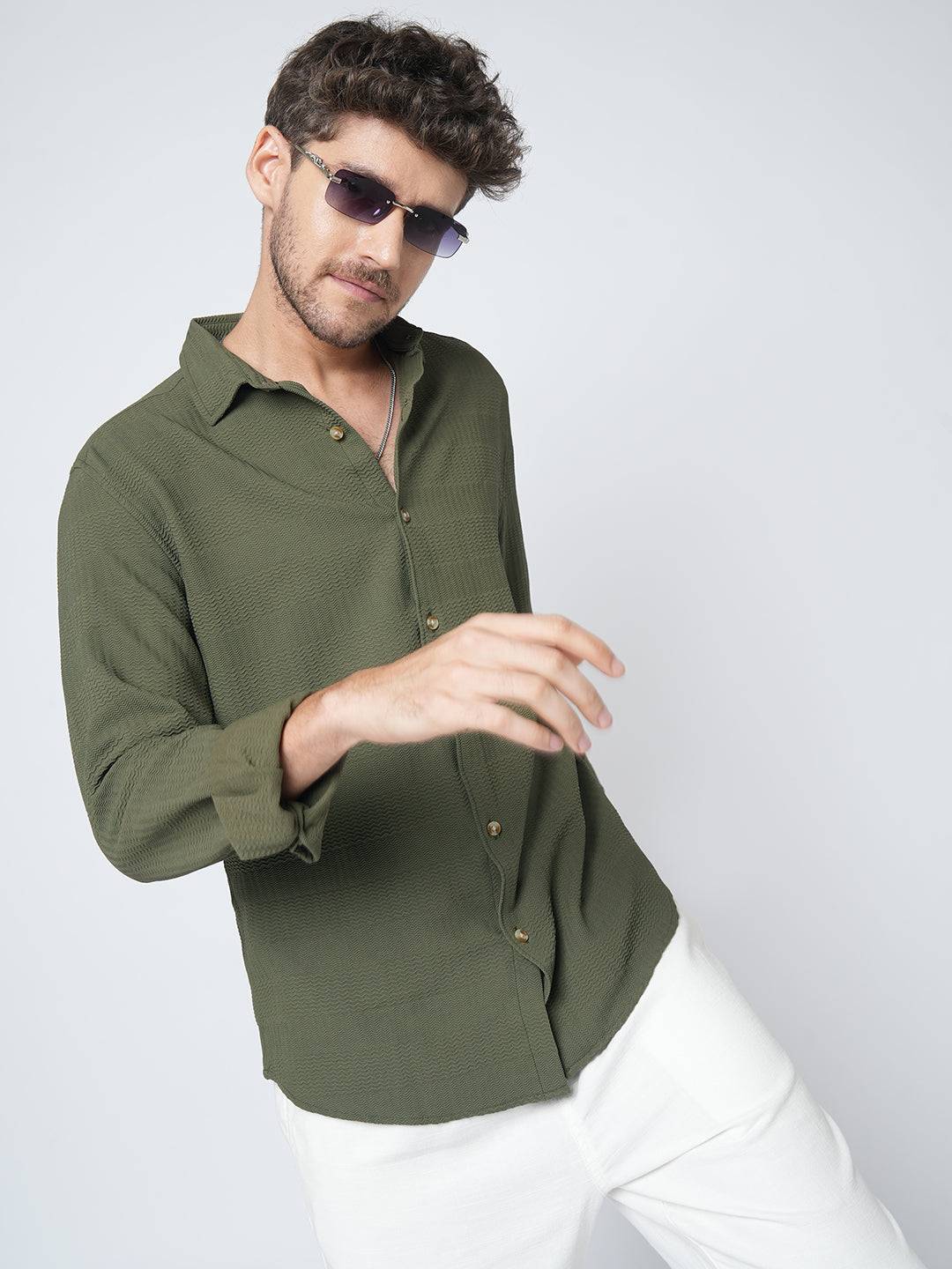 Olive Green Terrain Ripple Detail Textured Shirt Buy only at ₹659