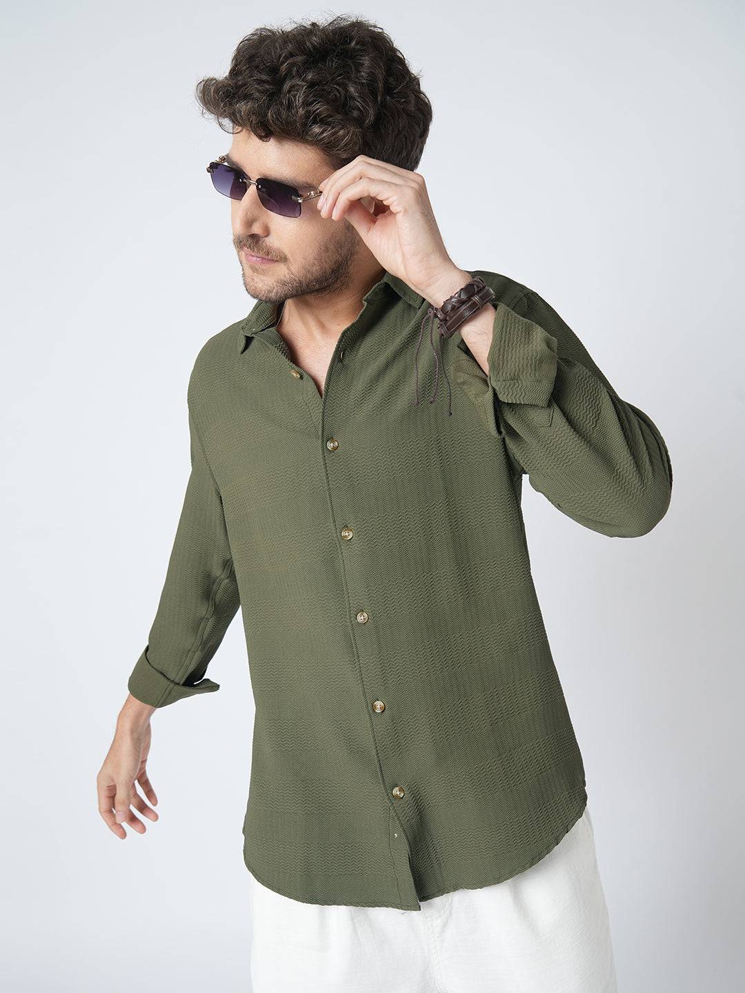 Olive Green Terrain Ripple Detail Textured Shirt Buy only at ₹659