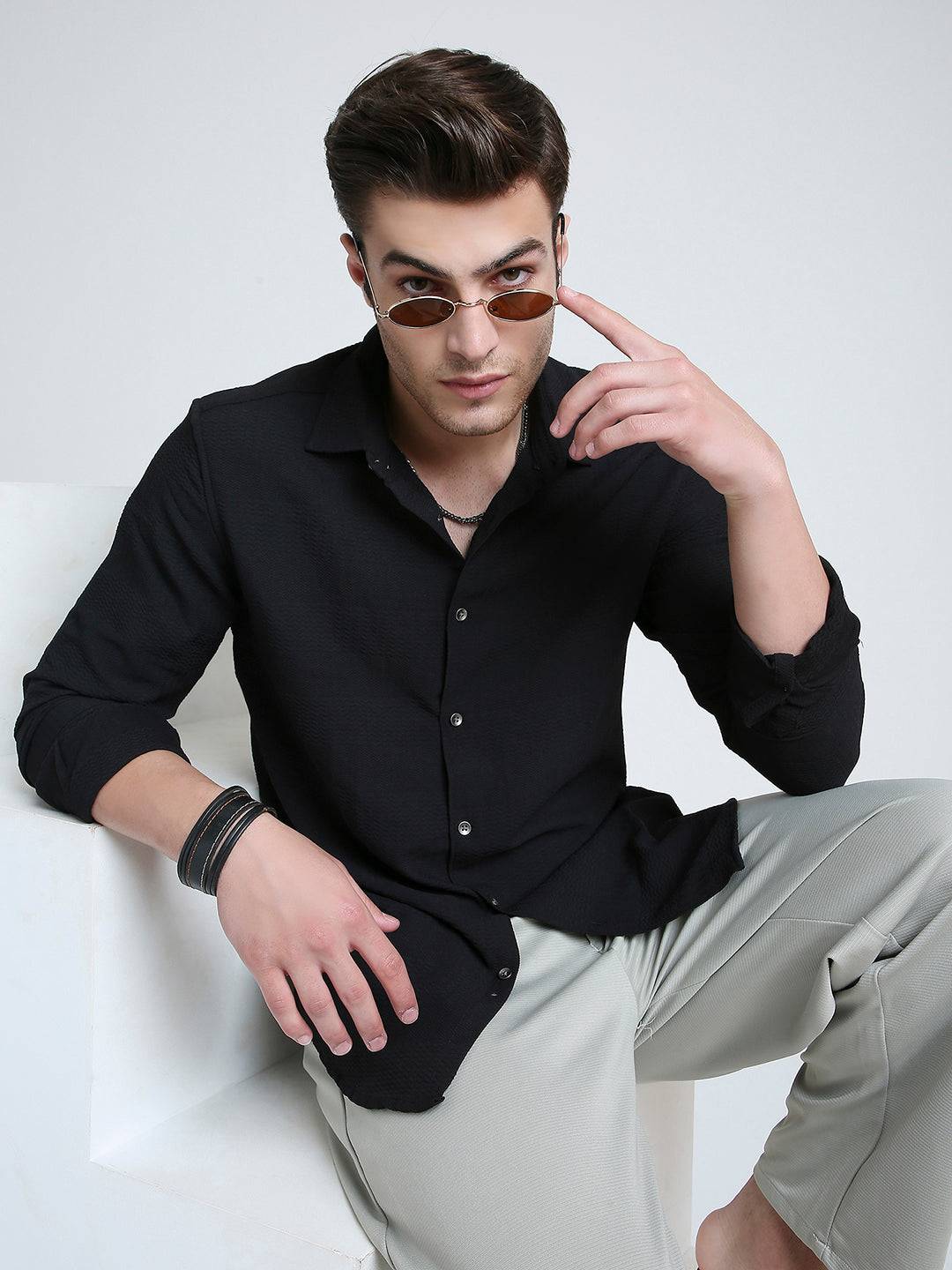 Storm Black Ripple Detail Textured Shirt Buy only at ₹659