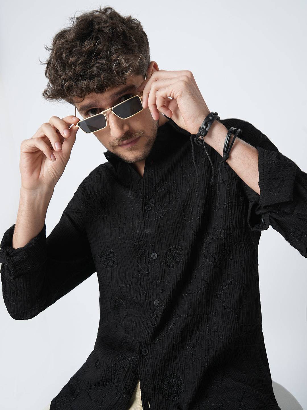 Intricate Black Embroidered Textured Shirt Buy only at ₹699
