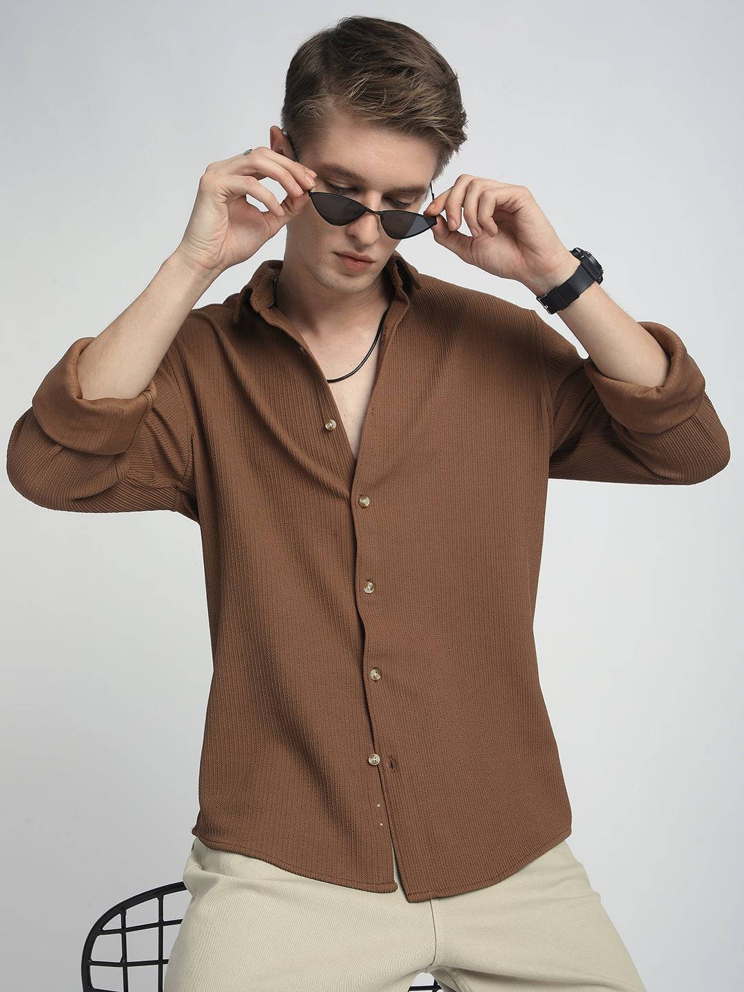 Burnt Sienna Brown Textured Shirt Buy only at ₹699